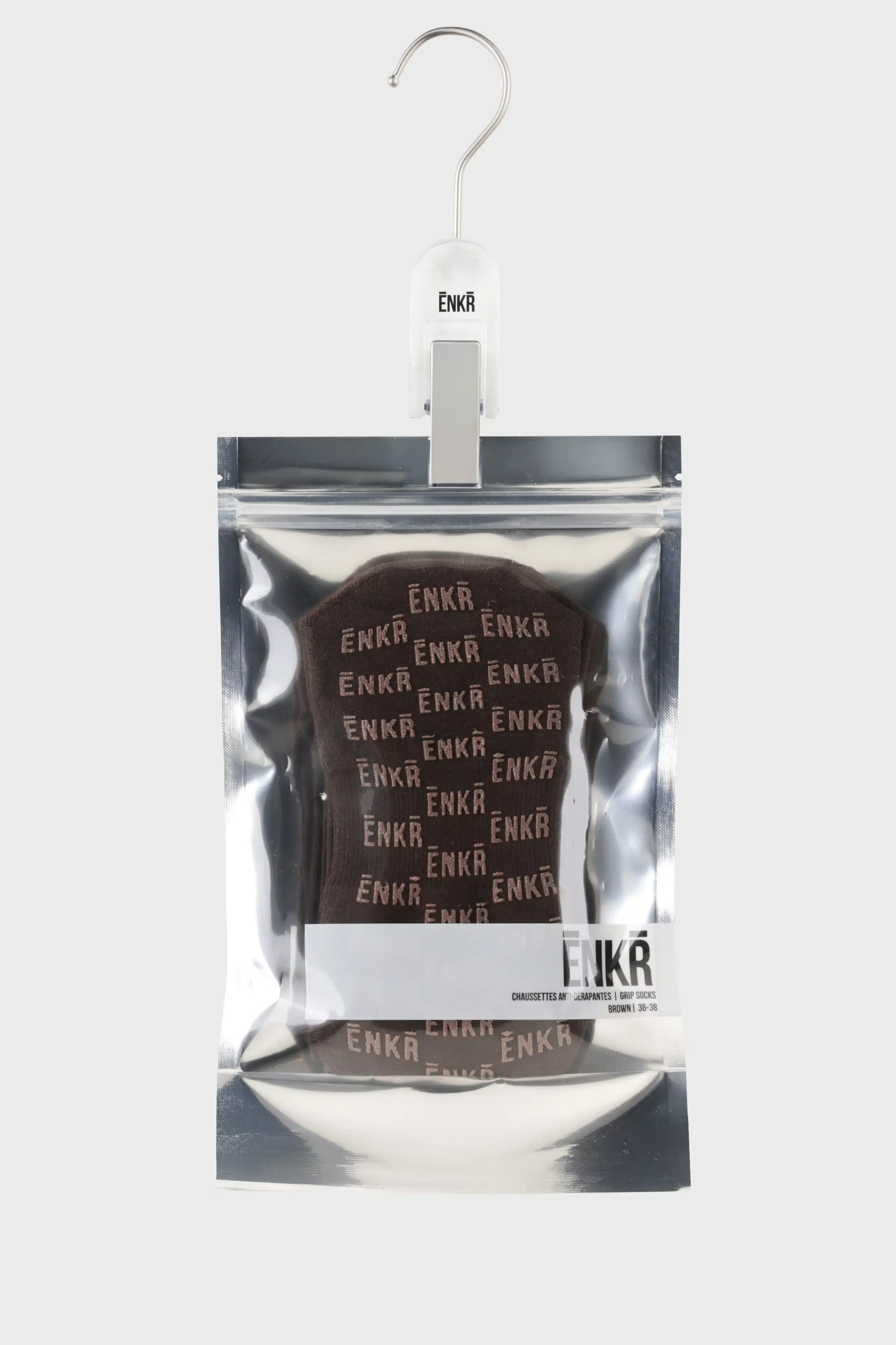 ENKR Brown pilates socks in packaging