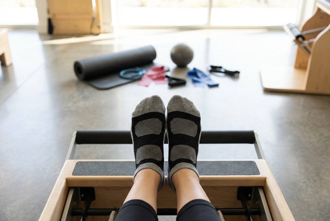 Feet in gray and black Pilates socks on a reformer, with exercise equipment blurred in the background.